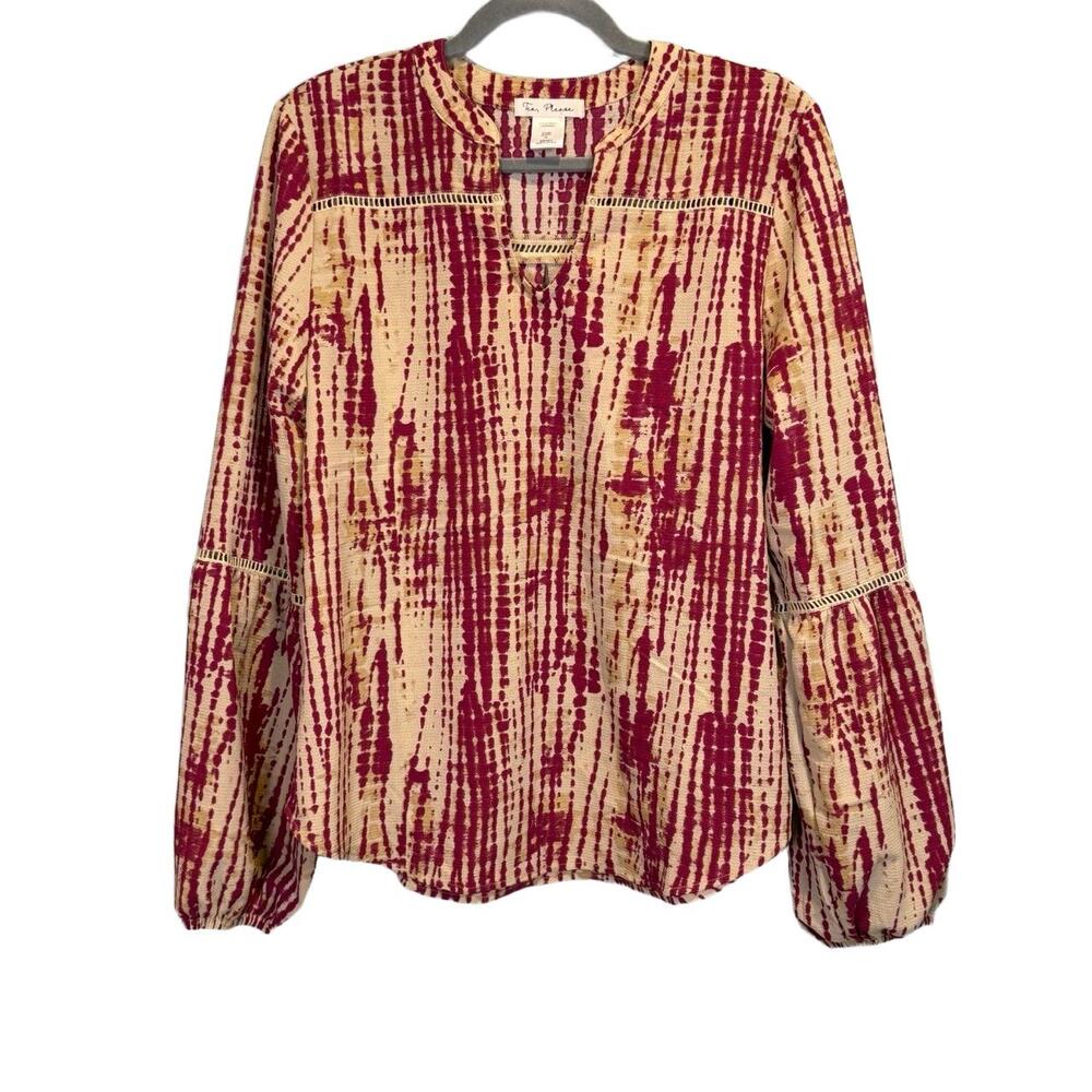 Tea, Please Womens Blouse Size M‎ Red Beige Tie Dye Balloon Sleeve